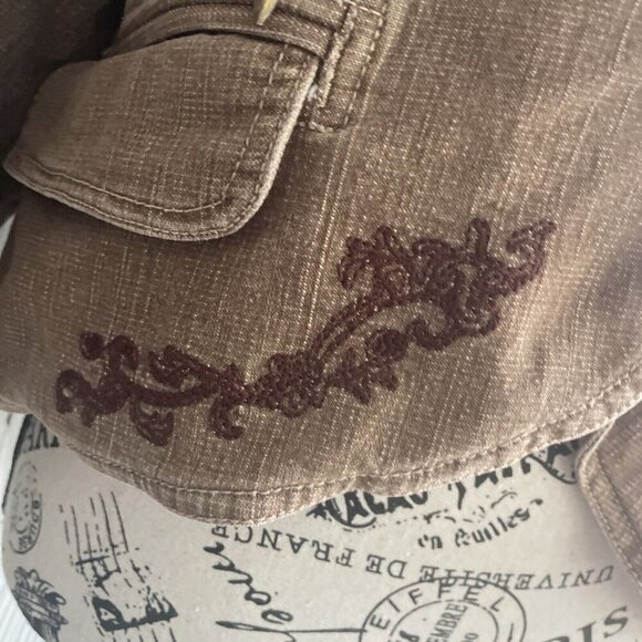 FDJ French Dressing Brown Embroidered Denim Look Short 2-button Blazer (TT) - Picture 4 of 13